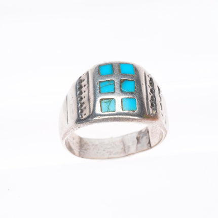 sz10 vintage Zuni sterling silver turquoise flush channel inlay size 10 ring