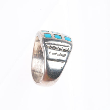 sz10 vintage Zuni sterling silver turquoise flush channel inlay size 10 ring