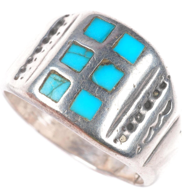 sz10 vintage Zuni sterling silver turquoise flush channel inlay size 10 ring