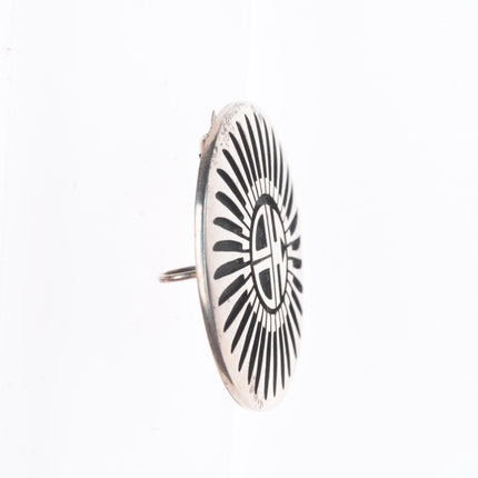 Hopi overlay Steven Pooyouma Kuyvaya sterling silver sunface pin/brooch