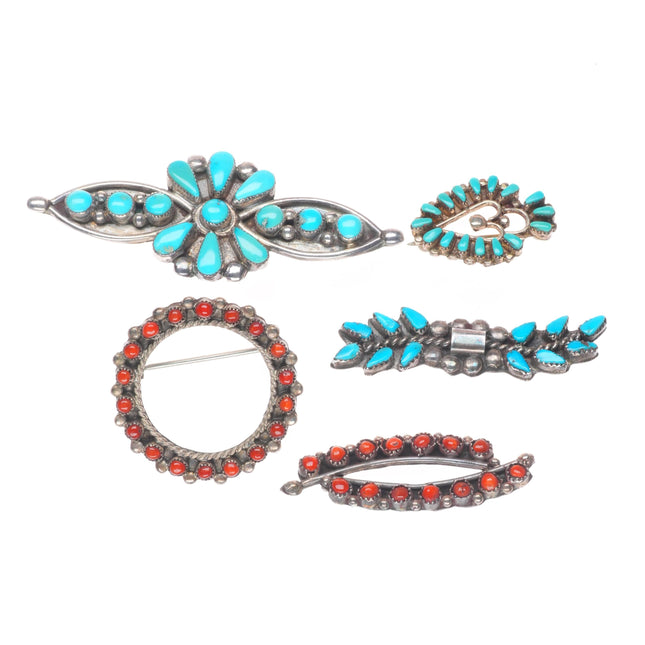 Vintage Zuni sterling silver needlepoint turquoise/coral brooch/pin lot