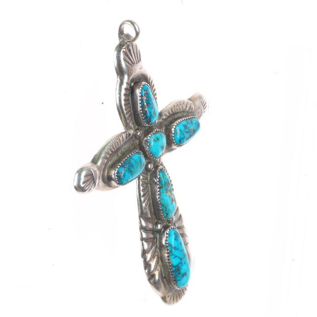 Vintage Horace Iule Zuni sterling silver spiderweb turquoise cross pendant