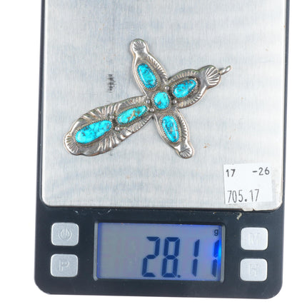Vintage Horace Iule Zuni sterling silver spiderweb turquoise cross pendant