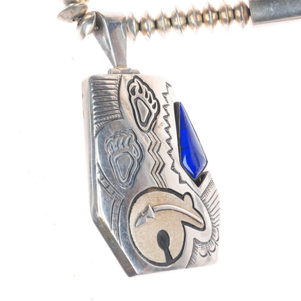 Jack Tom Navajo sterling silver beaded necklace with lapis bear pendant