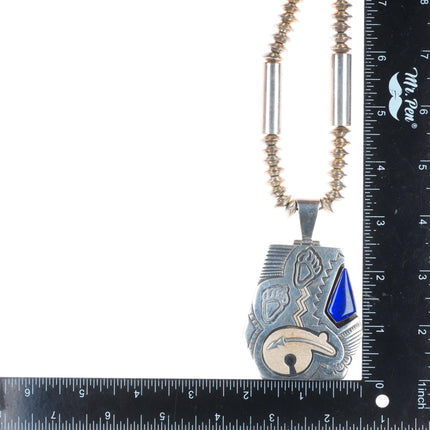 Jack Tom Navajo sterling silver beaded necklace with lapis bear pendant