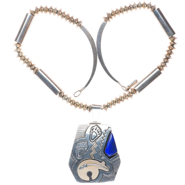 Jack Tom Navajo sterling silver beaded necklace with lapis bear pendant