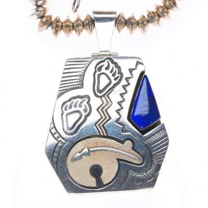 Jack Tom Navajo sterling silver beaded necklace with lapis bear pendant