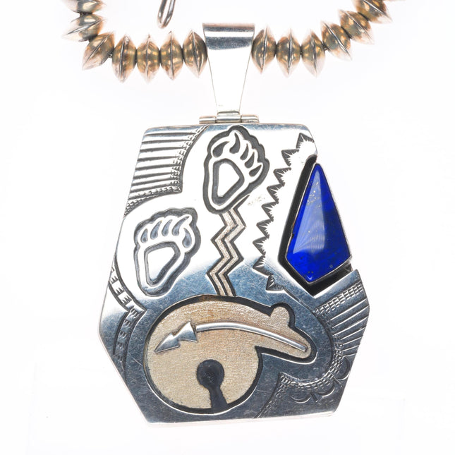 Jack Tom Navajo sterling silver beaded necklace with lapis bear pendant
