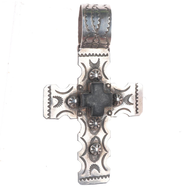 Big Gary G Navajo sterling silver hand stamped cross pendant with black stone