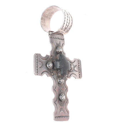 Big Gary G Navajo sterling silver hand stamped cross pendant with black stone