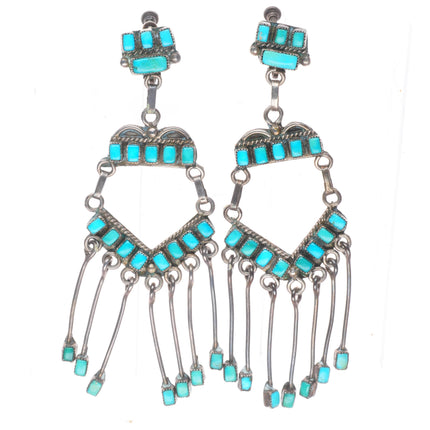 c1950 Long vintage Zuni sterling silver square cut turquoise chandelier earrings