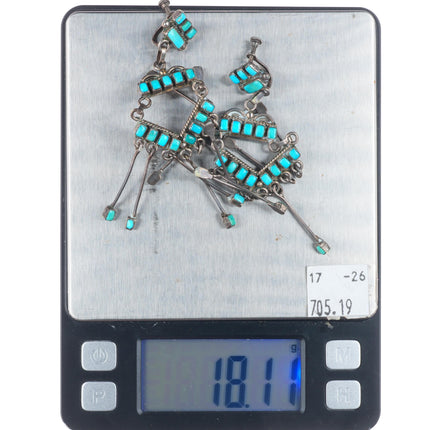 c1950 Long vintage Zuni sterling silver square cut turquoise chandelier earrings