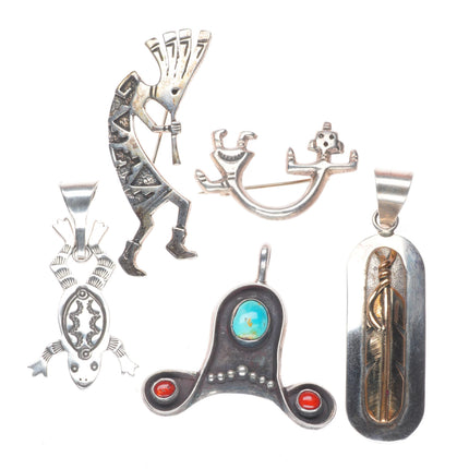 vintage southwestern/Navajo sterling silver pendant lot Bears, Kokopelli, frog