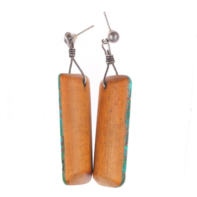 Vintage Santo Domingo inlaid turquoise on wood sterling silver earrings