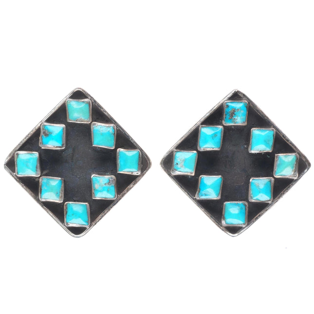 c1950 Vintage Zuni sterling silver turquoise square cut inlay cufflinks