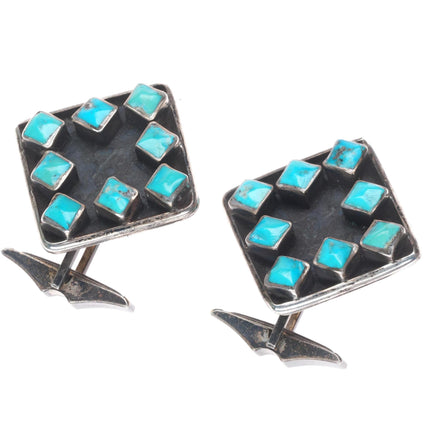 c1950 Vintage Zuni sterling silver turquoise square cut inlay cufflinks