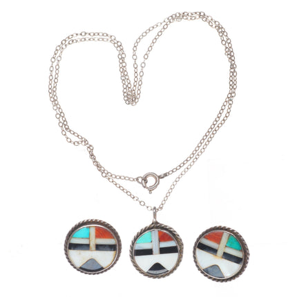 c1950  Vintage Zuni sterling silver sunface earrings and necklace pendant set