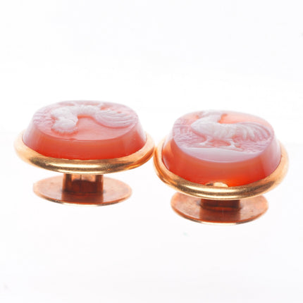 Antique 14k yellow gold Carnelian Agate chicken-rooster cufflinks/buttons