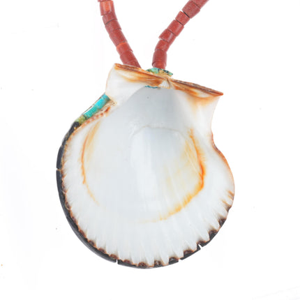 Vintage Santo Domingo shell turquoise mosaic pendant necklace pipestone beads