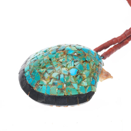 Vintage Santo Domingo shell turquoise mosaic pendant necklace pipestone beads