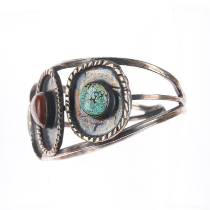 6.7" Vintage Navajo sterling silver spiderweb turquoise fire agate cuff bracelet