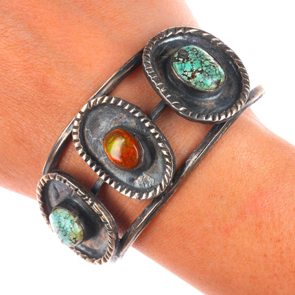 6.7" Vintage Navajo sterling silver spiderweb turquoise fire agate cuff bracelet