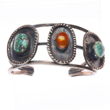 6.7" Vintage Navajo sterling silver spiderweb turquoise fire agate cuff bracelet