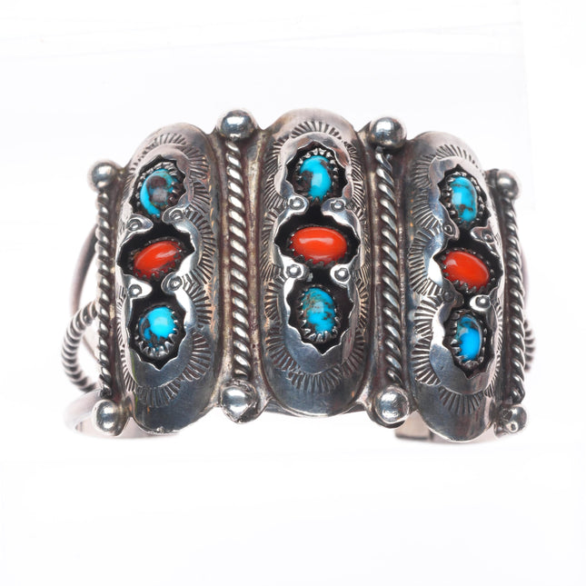 6.4" Vintage Navajo sterling silver shadowbox turquoise/coral cuff bracelet