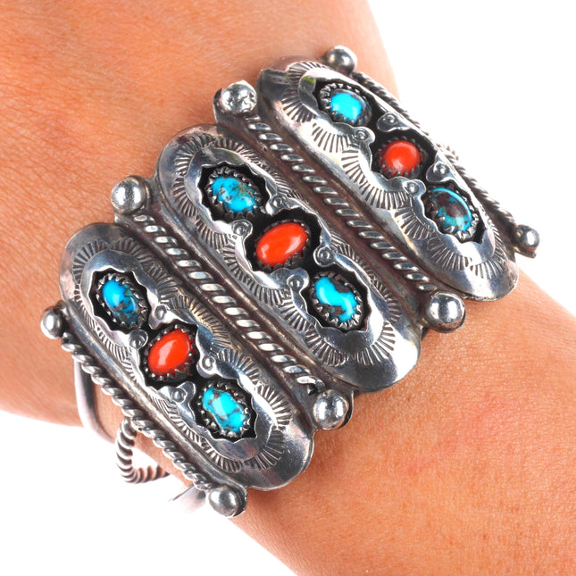 6.4" Vintage Navajo sterling silver shadowbox turquoise/coral cuff bracelet