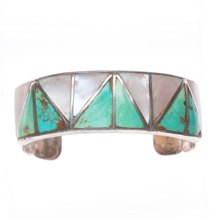 7" 1940's Vintage Zuni sterling silver turquoise/shell inlay cuff bracelet