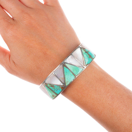 7" 1940's Vintage Zuni sterling silver turquoise/shell inlay cuff bracelet