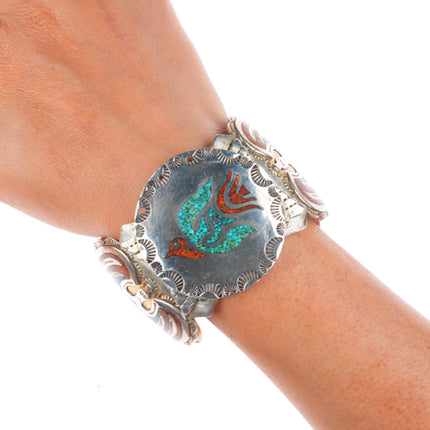 7" Tommy Singer Navajo sterling silver chip inlay peyote Bird cuff bracelet