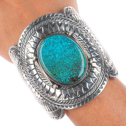 7" Gilbert Tom Navajo huge sterling silver spiderweb turquoise cuff bracelet