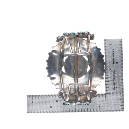 6.4" c1950 Ondelacy family Zuni sterling silver turquoise cluster cuff bracelet