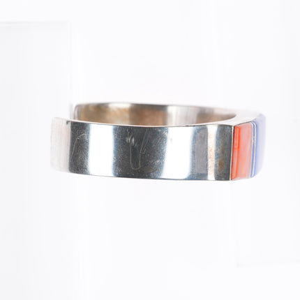 6.35" Leo Yazzie Navajo sterling silver orange coral, lapis inlay cuff bracelet