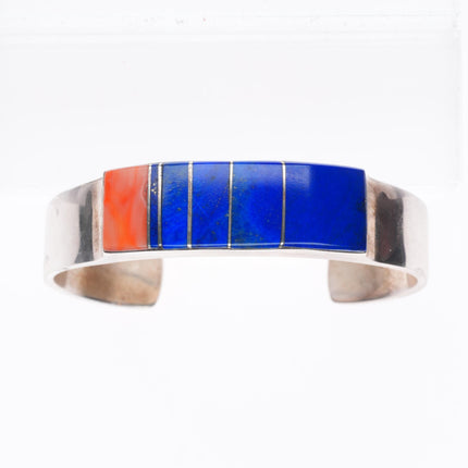 6.35" Leo Yazzie Navajo sterling silver orange coral, lapis inlay cuff bracelet