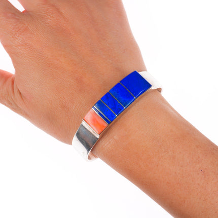 6.35" Leo Yazzie Navajo sterling silver orange coral, lapis inlay cuff bracelet