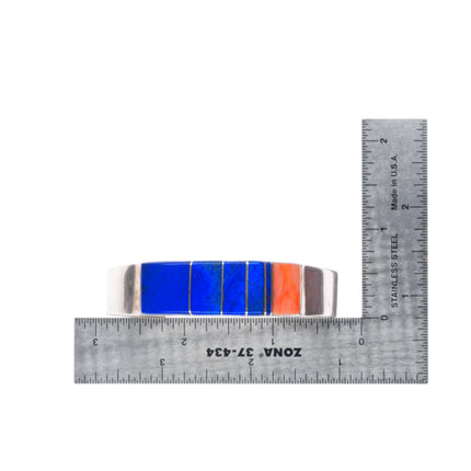 6.35" Leo Yazzie Navajo sterling silver orange coral, lapis inlay cuff bracelet