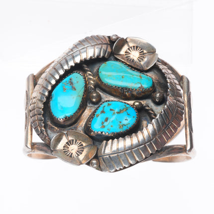 6.4" vintage Navajo sterling silver turquoise 3 stone feather cuff bracelet