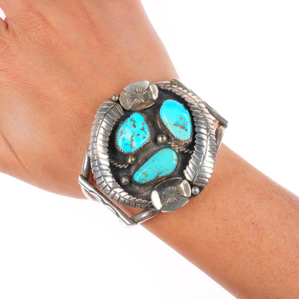 6.4" vintage Navajo sterling silver turquoise 3 stone feather cuff bracelet