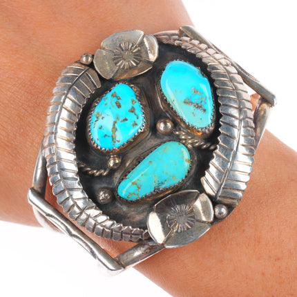 6.4" vintage Navajo sterling silver turquoise 3 stone feather cuff bracelet