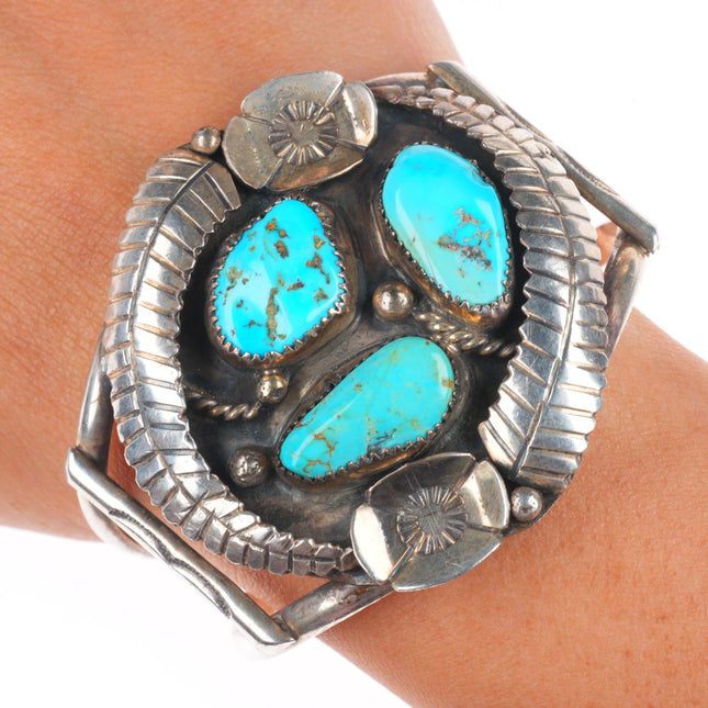 6.4" vintage Navajo sterling silver turquoise 3 stone feather cuff bracelet