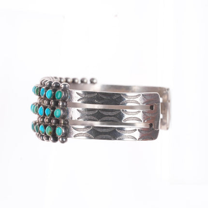 6.5" c1940's Zuni sterling silver snake eye turquoise 3 stack row cuff bracelet
