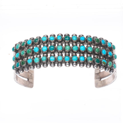 6.5" c1940's Zuni sterling silver snake eye turquoise 3 stack row cuff bracelet