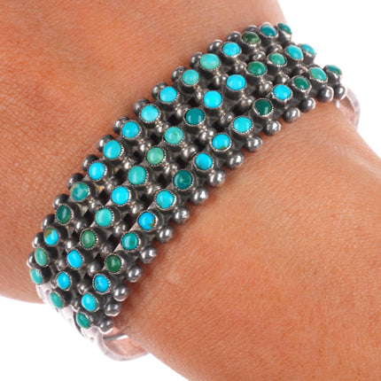 6.5" c1940's Zuni sterling silver snake eye turquoise 3 stack row cuff bracelet