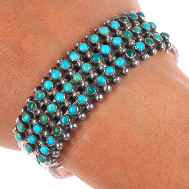 6.5" c1940's Zuni sterling silver snake eye turquoise 3 stack row cuff bracelet