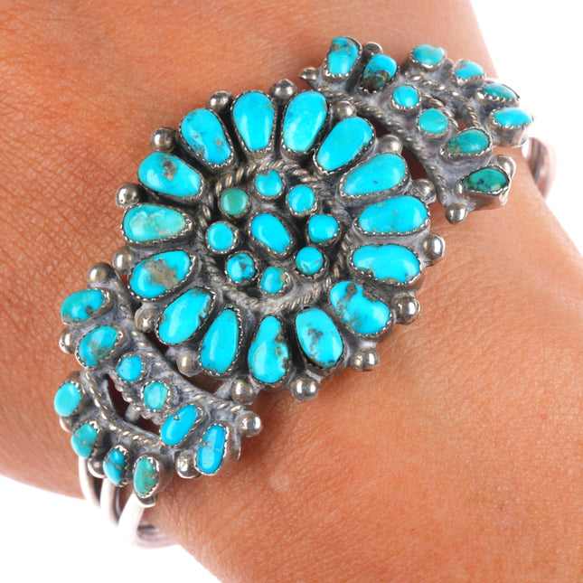 6.3" c1940's Zuni sterling silver petit point turquoise cluster cuff bracelet