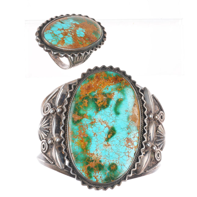 6.25" 1940's Cuff bracelet sz7 Ring Navajo Royston turquoise sterling silver set