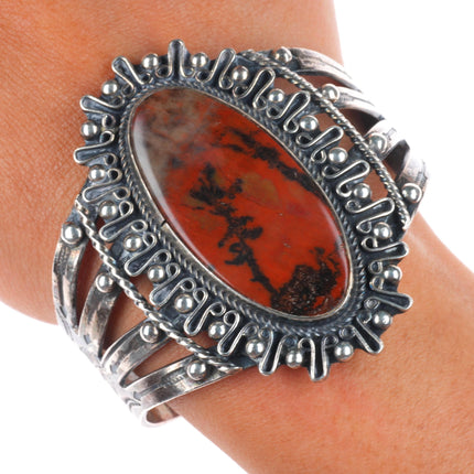 6.5" 1940's Vintage Navajo sterling silver petrified wood large cuff bracelet