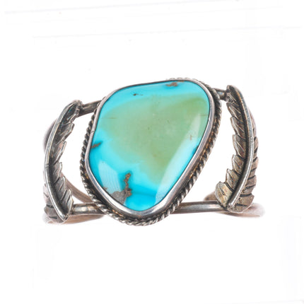 6.25" Vintage Navajo sterling silver feather side cuff bracelet nice turquoise